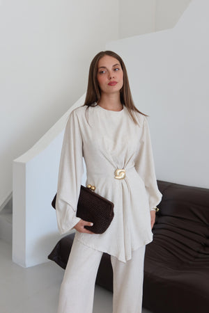 Natural Gold Broşlu Bluz Pantolon Takım