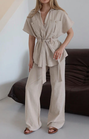 Natural Kuşaklı Düğmeli Gömlek Pantolon Takım