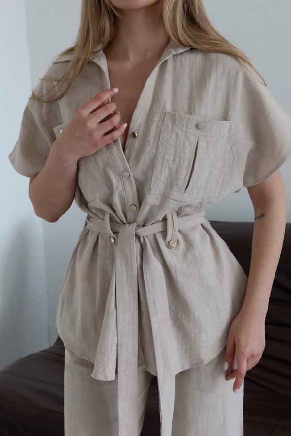 Natural Kuşaklı Düğmeli Gömlek Pantolon Takım