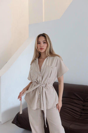 Natural Kuşaklı Düğmeli Gömlek Pantolon Takım