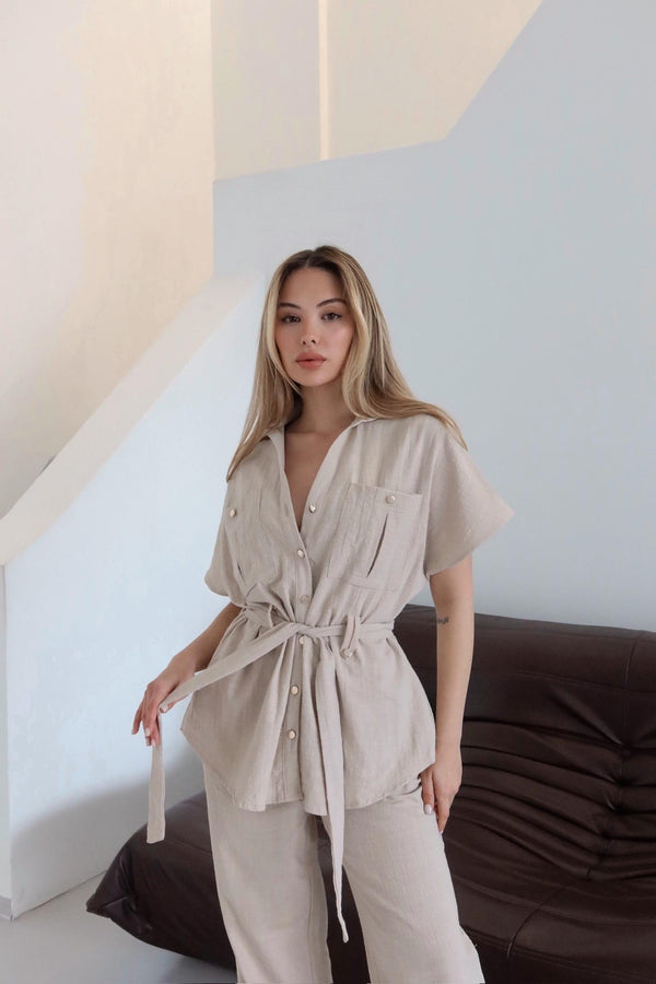 Natural Kuşaklı Düğmeli Gömlek Pantolon Takım
