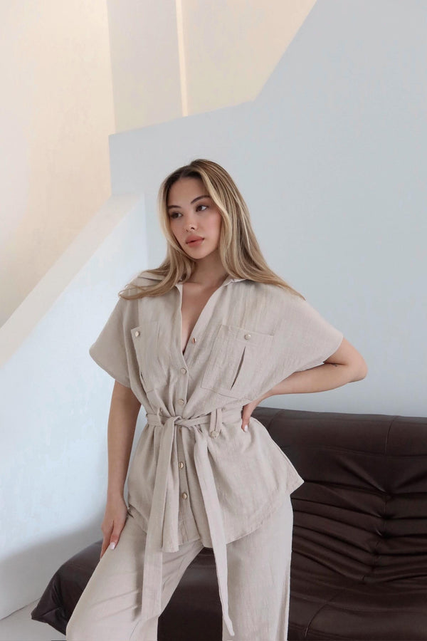 Natural Kuşaklı Düğmeli Gömlek Pantolon Takım