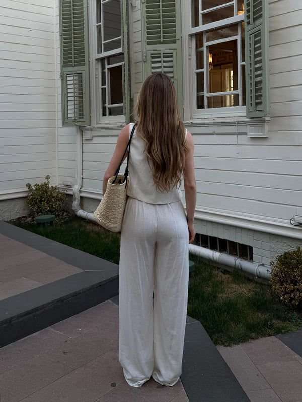 Beyaz Selva %100 Pamuk Yelek Pantolon Takım - 8486