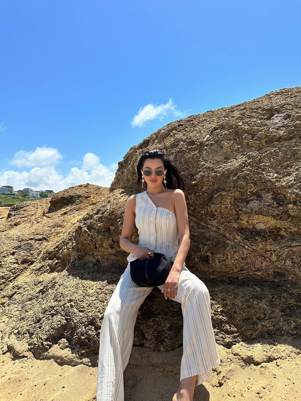 Natural Siyah Çizgili Tek Omuz Yelek Pantolon Takım