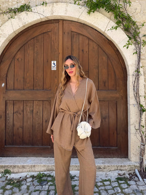 Sütlü Kahve Tek Düğmeli Kuşaklı Kimono Takım - 007