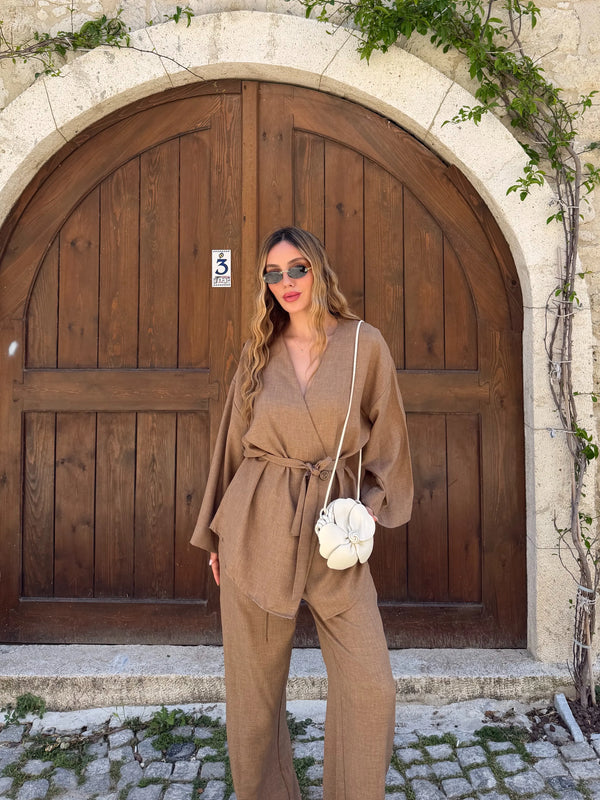 Sütlü Kahve Tek Düğmeli Kuşaklı Kimono Takım - 007