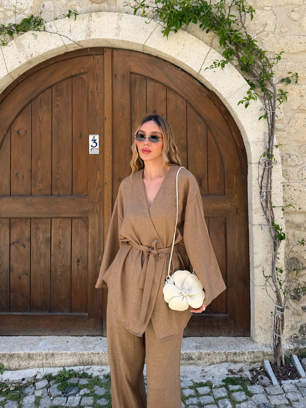 Sütlü Kahve Tek Düğmeli Kuşaklı Kimono Takım - 007