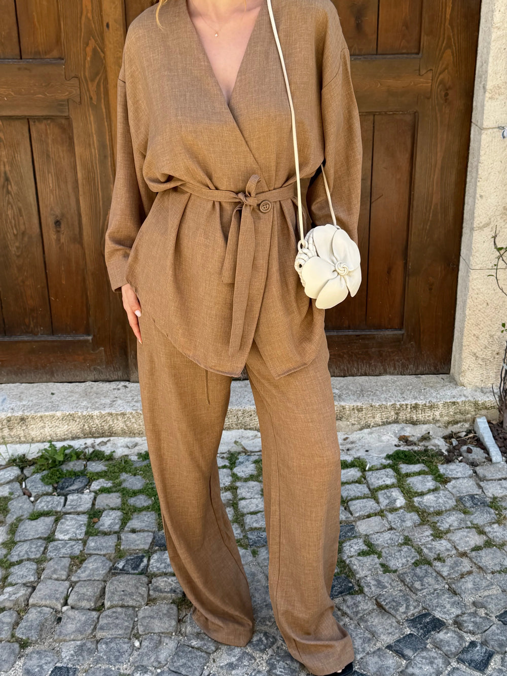 Sütlü Kahve Tek Düğmeli Kuşaklı Kimono Takım - 007