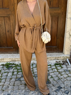 Sütlü Kahve Tek Düğmeli Kuşaklı Kimono Takım - 007