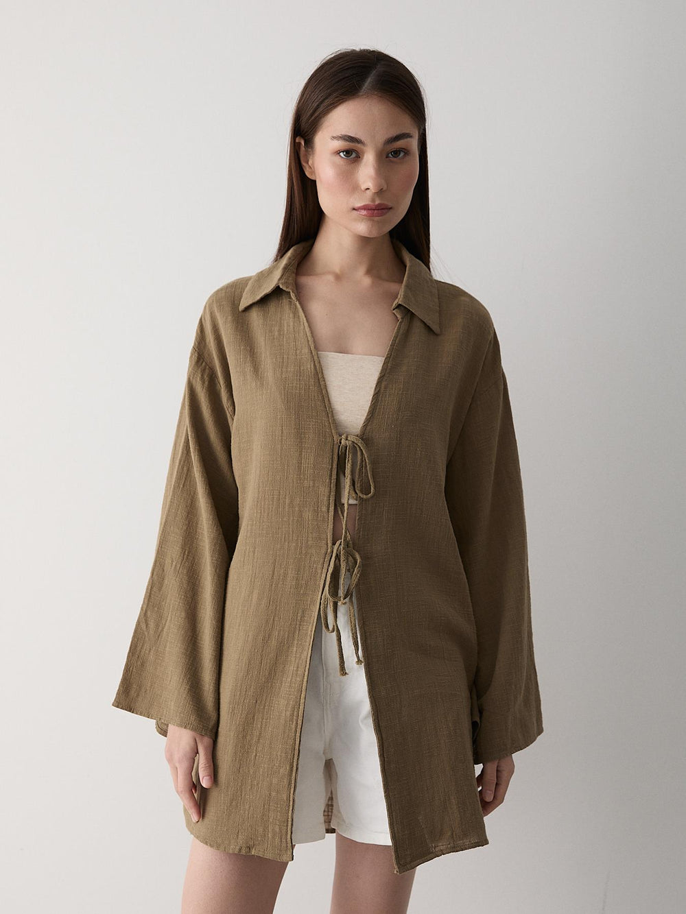 Olive %100 Pamuk Keten Bağcık Detaylı Kimono Bluz