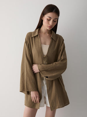 Olive %100 Pamuk Keten Bağcık Detaylı Kimono Bluz