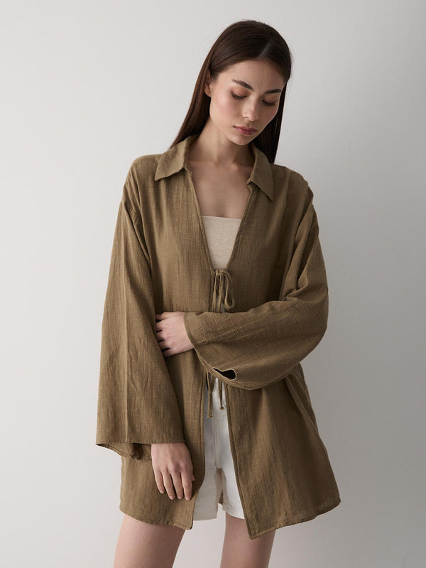 Olive %100 Pamuk Keten Bağcık Detaylı Kimono Bluz