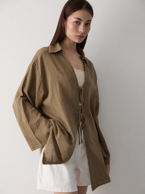 Olive %100 Pamuk Keten Bağcık Detaylı Kimono Bluz