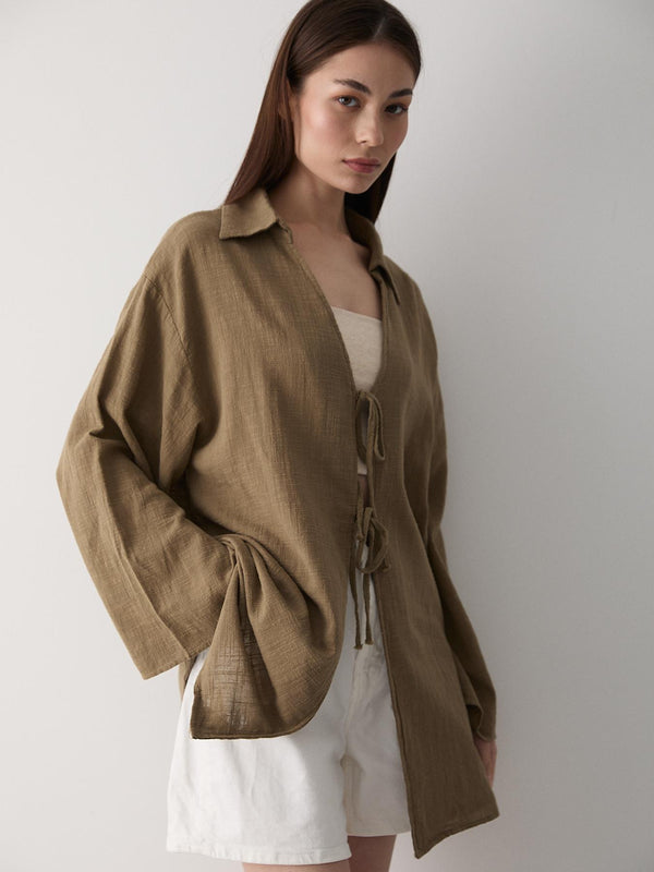 Olive %100 Pamuk Keten Bağcık Detaylı Kimono Bluz