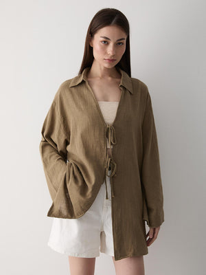 Olive %100 Pamuk Keten Bağcık Detaylı Kimono Bluz