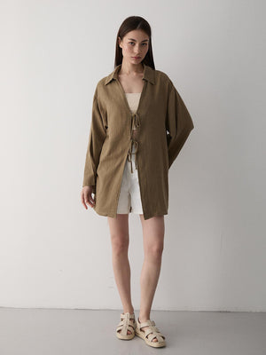 Olive %100 Pamuk Keten Bağcık Detaylı Kimono Bluz