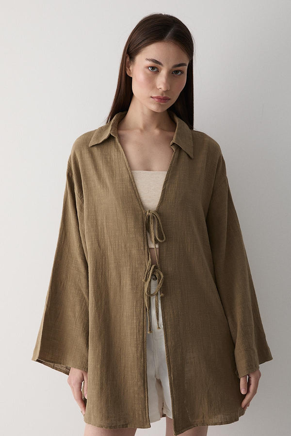 Olive %100 Pamuk Keten Bağcık Detaylı Kimono Bluz