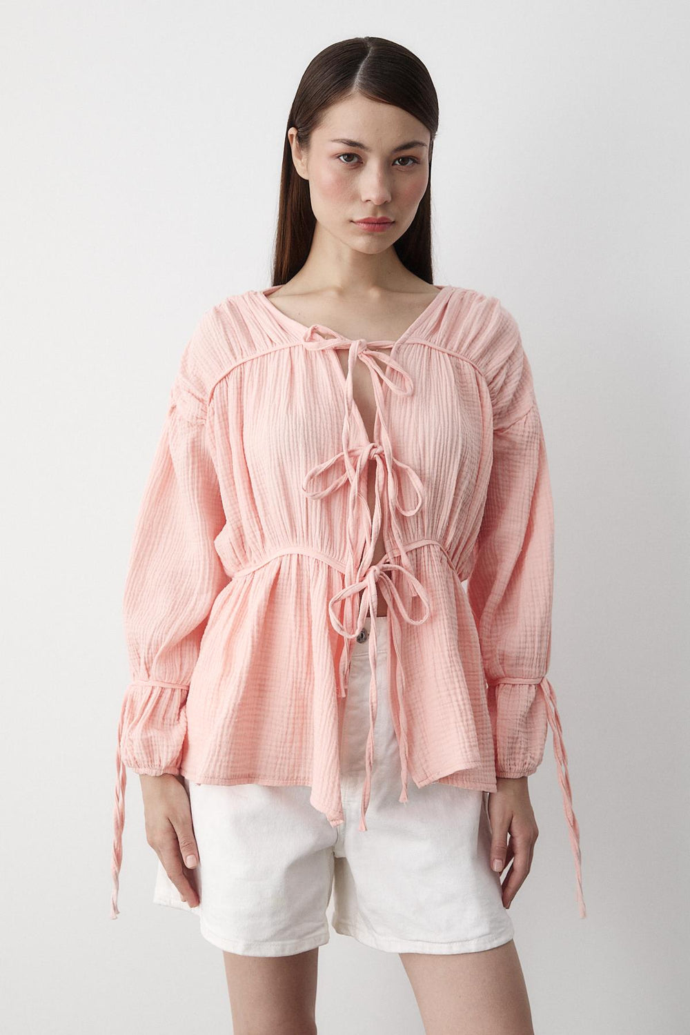 Pembe %100 Pamuk Kolu Lastikli Müslin Gömlek