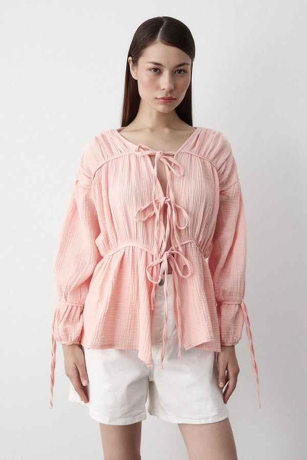 Pembe %100 Pamuk Kolu Lastikli Müslin Gömlek