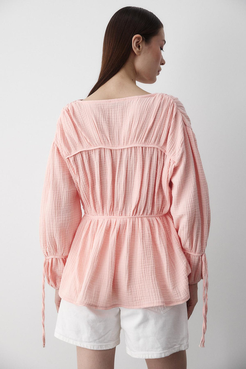 Pembe %100 Pamuk Kolu Lastikli Müslin Gömlek