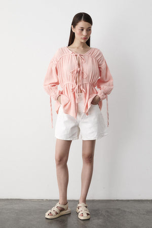 Pembe %100 Pamuk Kolu Lastikli Müslin Gömlek