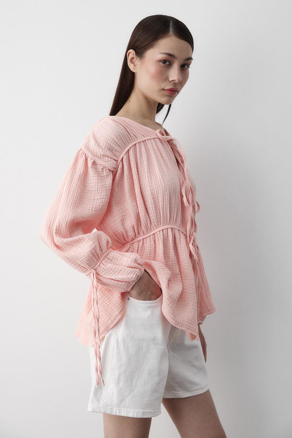 Pembe %100 Pamuk Kolu Lastikli Müslin Gömlek