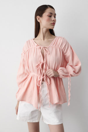 Pembe %100 Pamuk Kolu Lastikli Müslin Gömlek