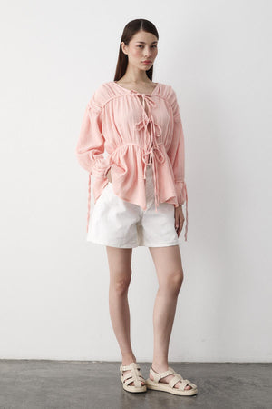 Pembe %100 Pamuk Kolu Lastikli Müslin Gömlek