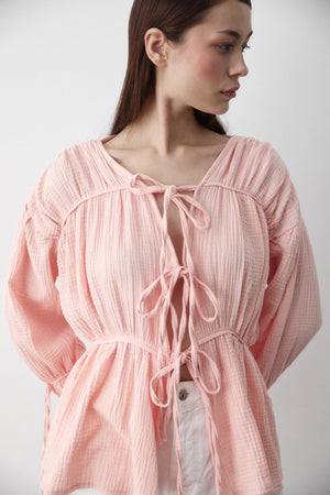 Pembe %100 Pamuk Kolu Lastikli Müslin Gömlek