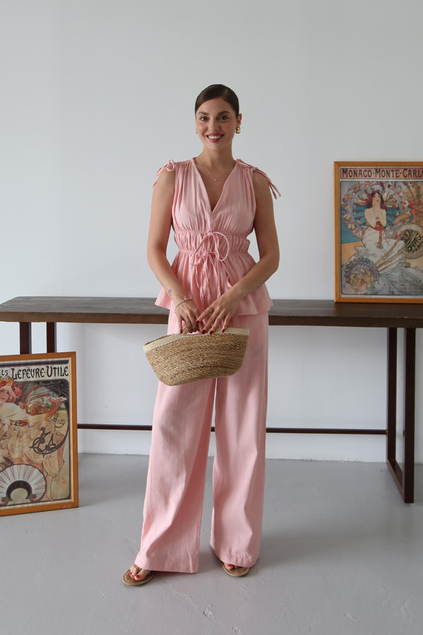 Pembe %100 Pamuk Omuz Bel Büzgülü Bluz Pantolon Takım