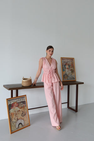 Pembe %100 Pamuk Omuz Bel Büzgülü Bluz Pantolon Takım