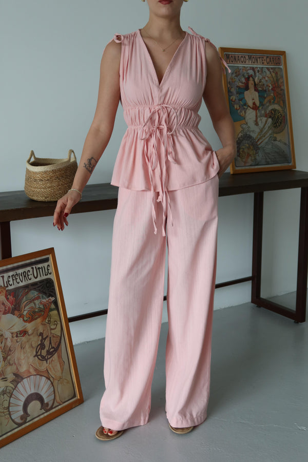 Pembe %100 Pamuk Omuz Bel Büzgülü Bluz Pantolon Takım