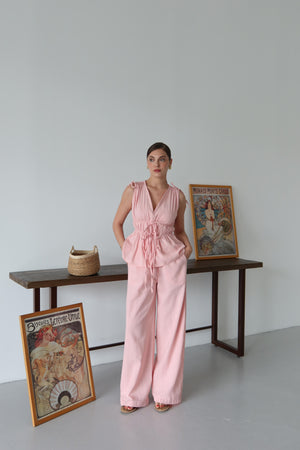 Pembe %100 Pamuk Omuz Bel Büzgülü Bluz Pantolon Takım