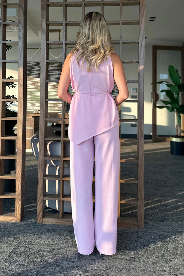 Pembe Asimetrik Bluz Pantolon Takım - 8784