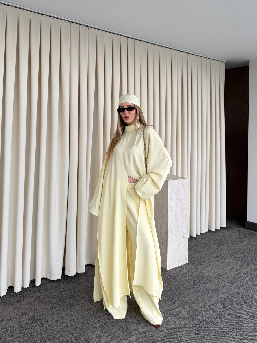 Sarı Bağlama Aksesuarlı Kimono Takım- 8428