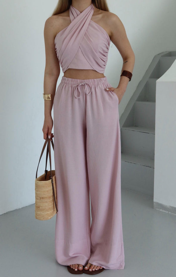 Pembe Boyundan Bağlı Büstiyer Pantolon Takım