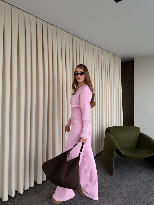 Pembe Çıtçıt Düğmeli Triko Takım - 904