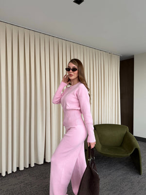 Pembe Çıtçıt Düğmeli Triko Takım - 904