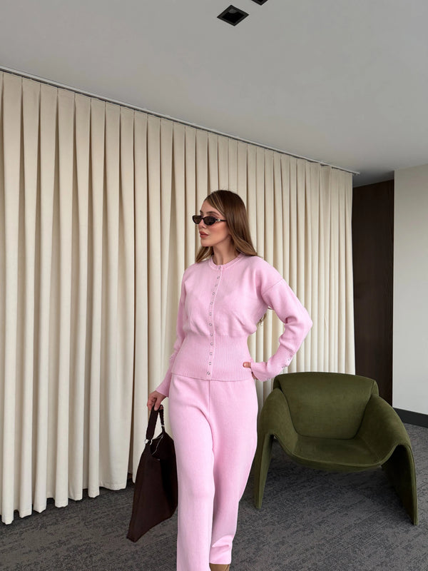 Pembe Çıtçıt Düğmeli Triko Takım - 904