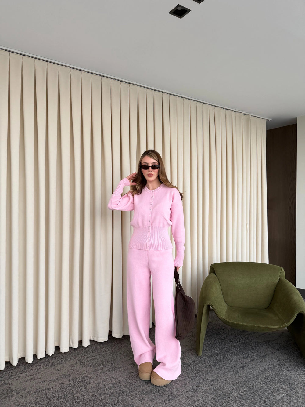 Pembe Çıtçıt Düğmeli Triko Takım - 904