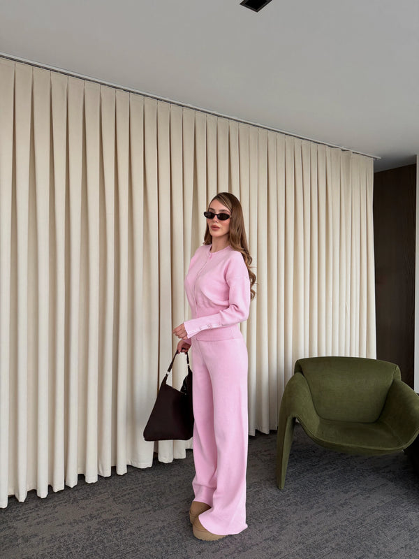 Pembe Çıtçıt Düğmeli Triko Takım - 904