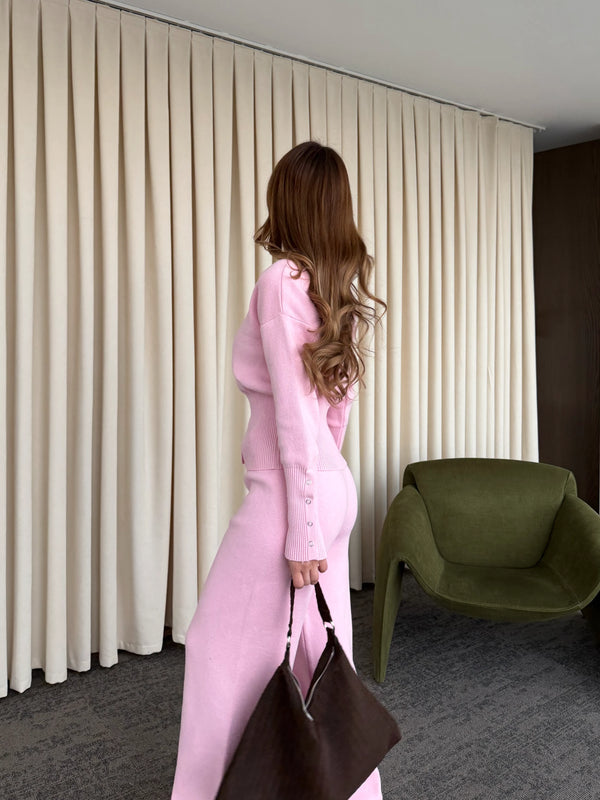 Pembe Çıtçıt Düğmeli Triko Takım - 904