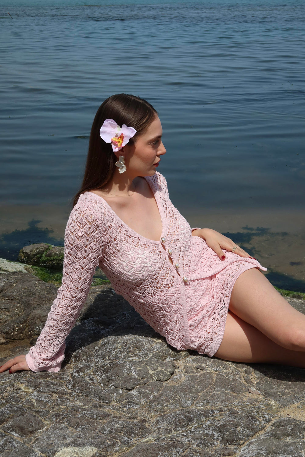 Pembe İnci Düğmeli Hırka Etek Takım