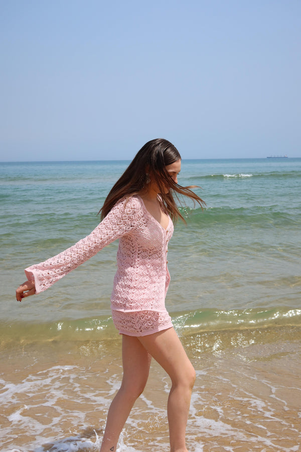 Pembe İnci Düğmeli Hırka Etek Takım