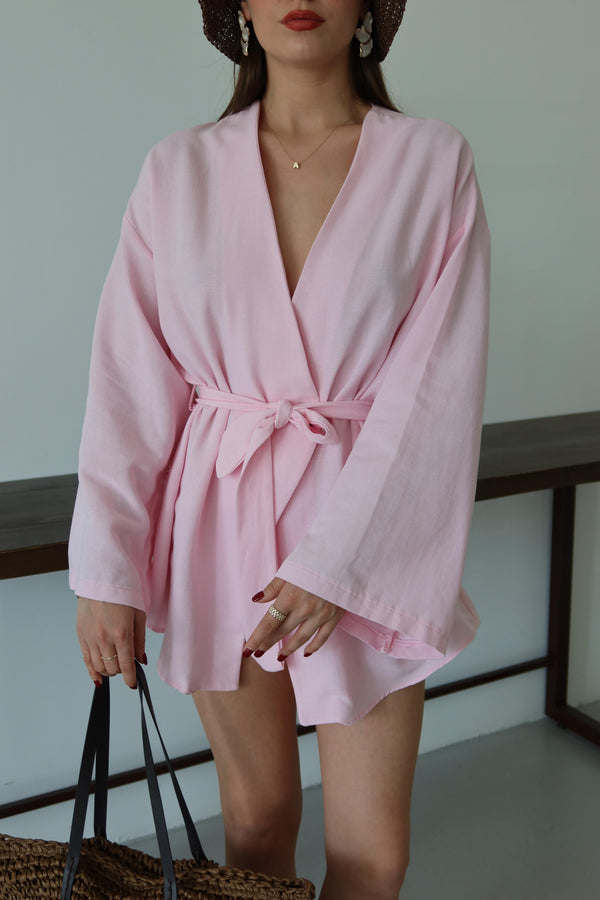 Pembe Düğme Detaylı Kemerli Kimono - 005