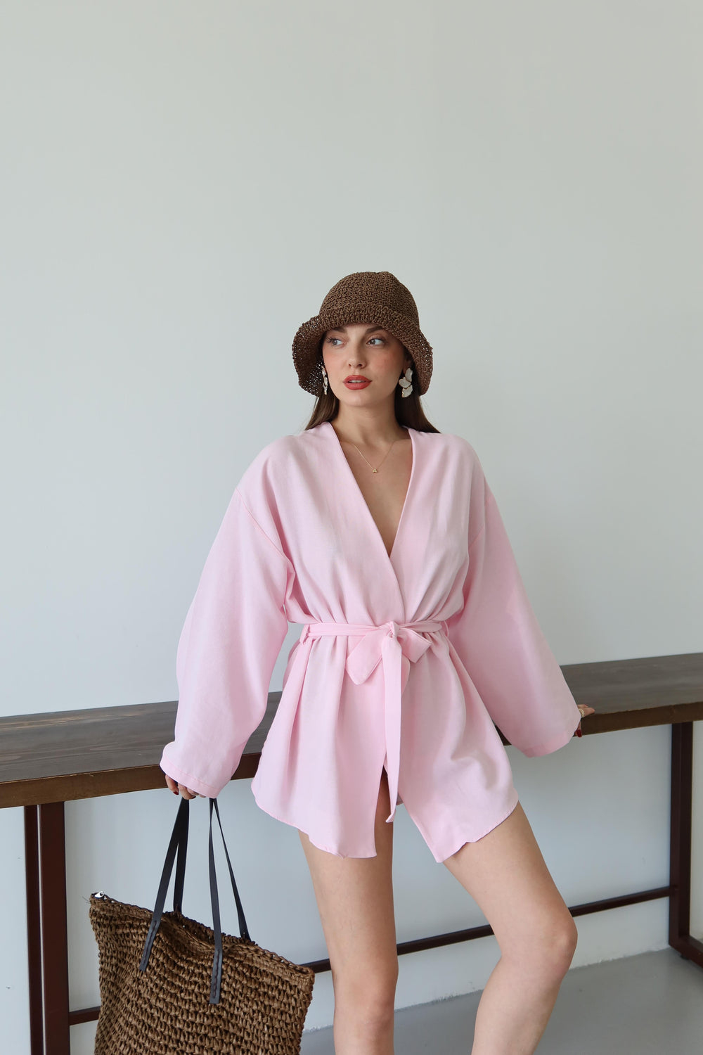 Pembe Düğme Detaylı Kemerli Kimono - 005
