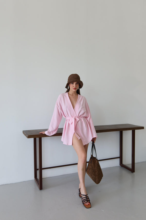 Pembe Düğme Detaylı Kemerli Kimono - 005