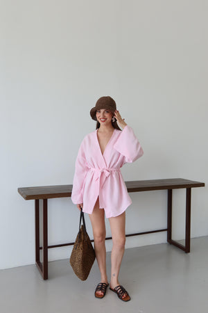 Pembe Düğme Detaylı Kemerli Kimono - 005