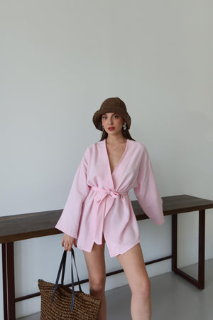 Pembe Düğme Detaylı Kemerli Kimono - 005