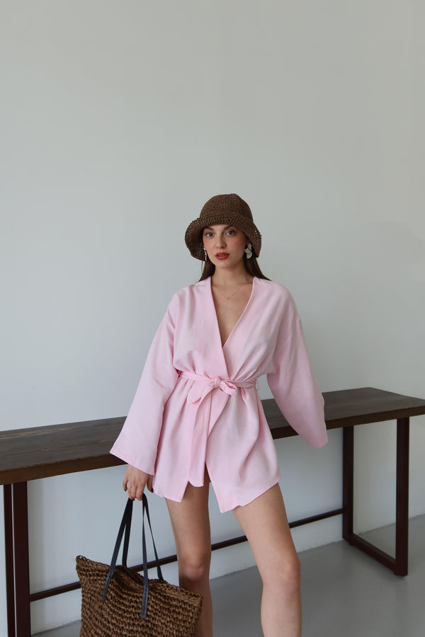 Pembe Düğme Detaylı Kemerli Kimono - 005